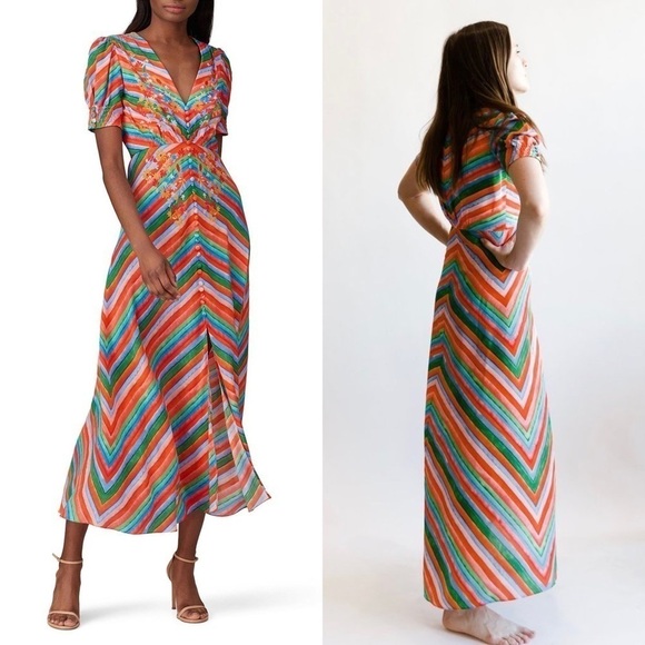 SALONI Silk Rainbow Floral Stripe‎ Puffed Short Sleeve Button Front Midi Dress 4 - Picture 12 of 16